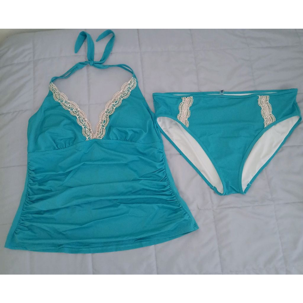 Women's Swimsuits For All Teal Halter Tankini & Bikini Bottoms, Size 18